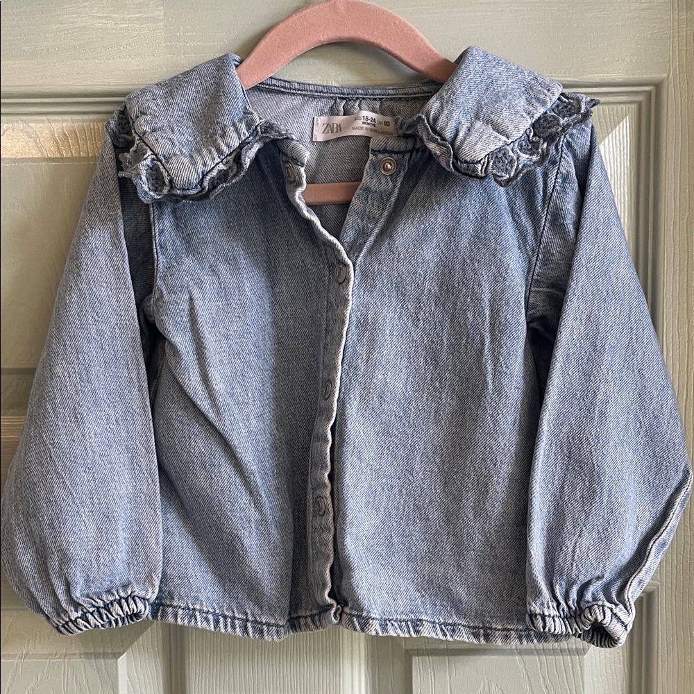 Zara Light Blue Denim shirt with Ruffle Collar and snap buttons